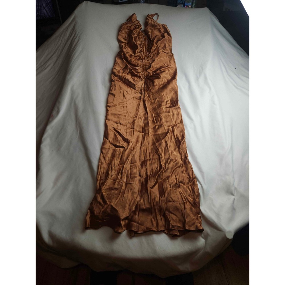 Shona Joy Copper Satin Halter Ruched Maxi Dress Bronze Womens Size 4
